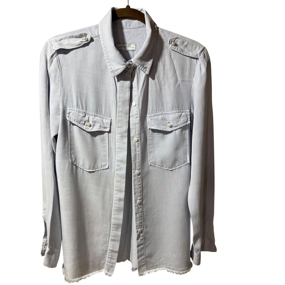 Zara Woman Premium Denim Light Blue Lyocell Utility Shirt Pearl Buttons‎ Size M